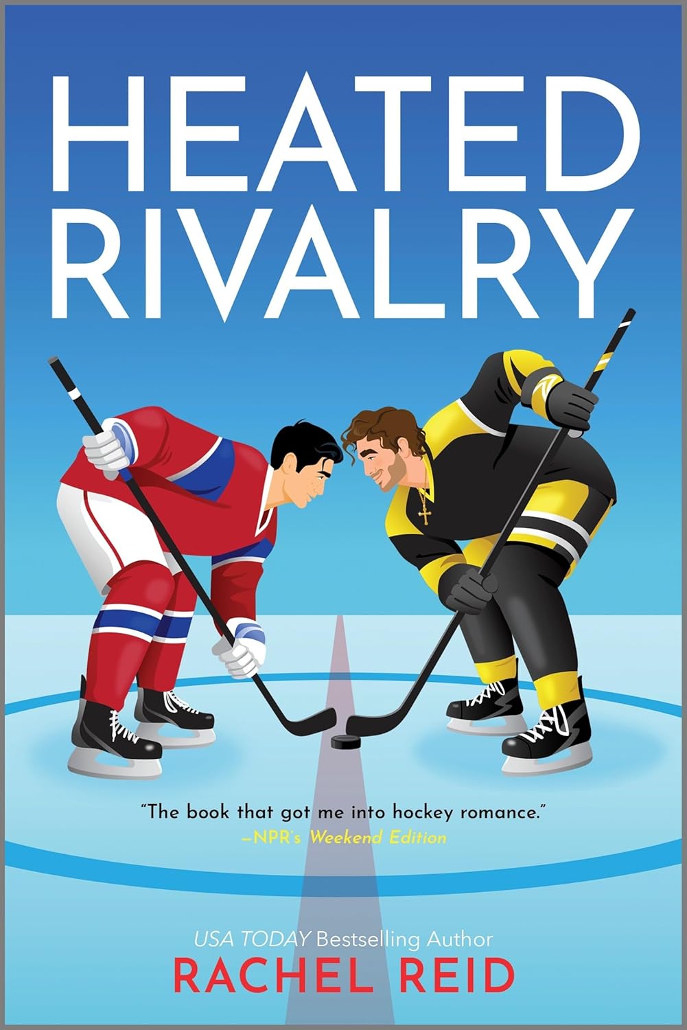 The illustrated book cover for 'Heated Rivalry' by Rachel Reid.