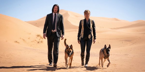 John Wick Sophia two dogs walk in dessert