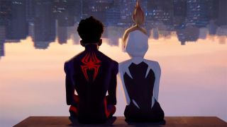 Spider-Man Across the Spider-Verse_Miles and Gwen sitting together looking at the city skyline in the distance.