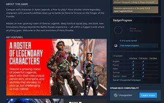 Apex Legends Steam page detail showing Steam Deck as unsupported