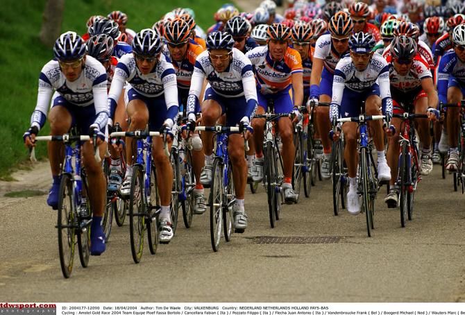Team Fassa Bortolo takes control of the peloton during the 2004 Amstel Gold