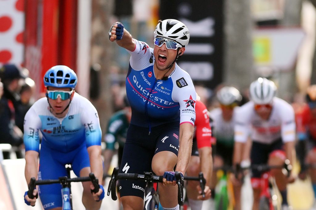 VILANOVA I LA GELTRU SPAIN MARCH 25 Ethan Vernon of United Kingdom and Team QuickStep Alpha Vinyl celebrates at finish line as stage winner during the 101st Volta Ciclista a Catalunya 2022 Stage 5 a 2063km stage from La Pobla de Segur to Vilanova i la Geltr VoltaCatalunya101 WorldTour on March 25 2022 in Vilanova i la Geltru Spain Photo by David RamosGetty Images