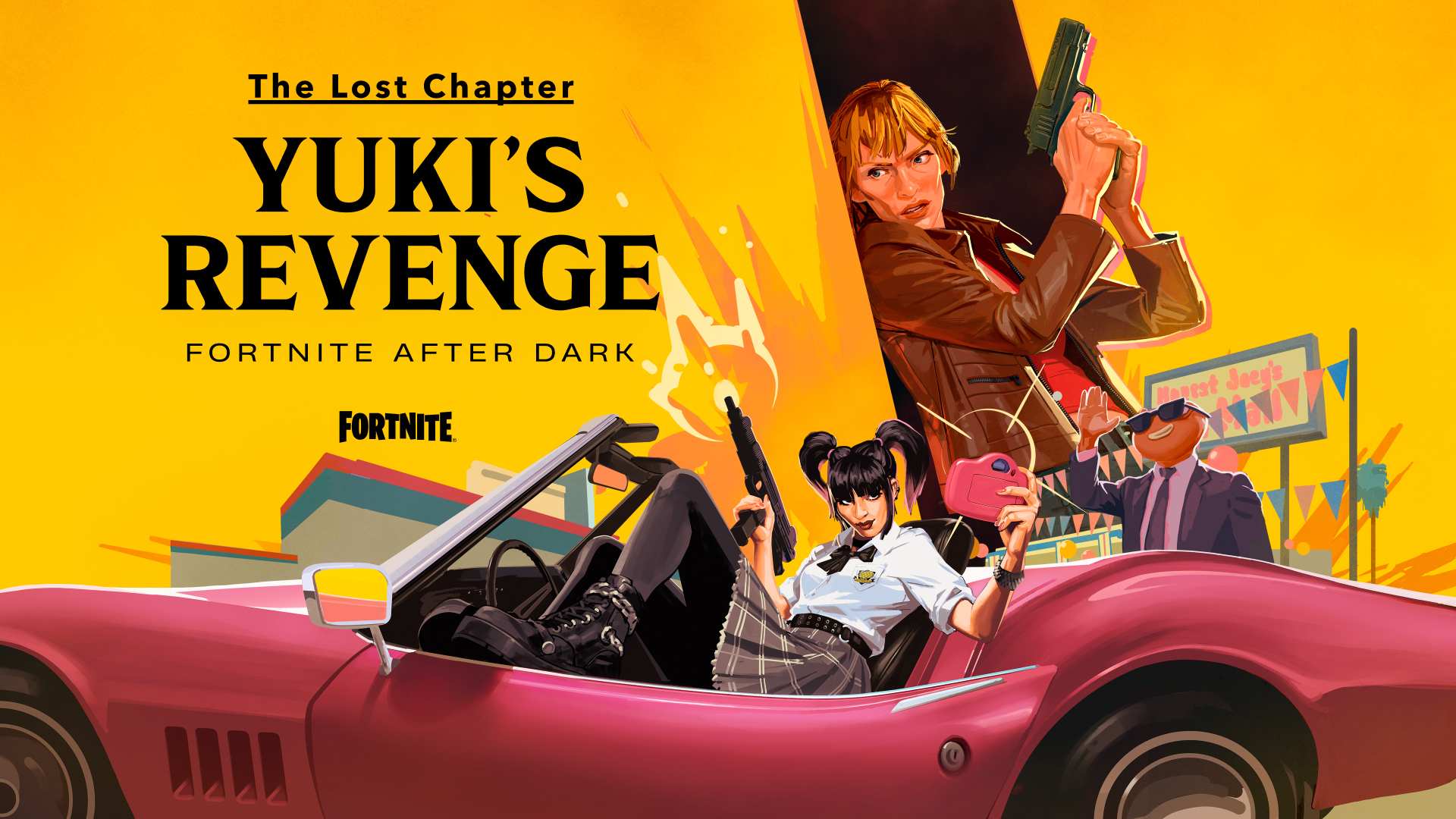 Key art for Kill Bill: Yuki&#039;s Revenge. A woman dressed in a Japanese schoolgirl outfit sits in a pink sports car