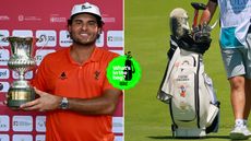 Eugenio Chacarra holds a trophy and a close up of his golf bag