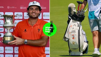 Eugenio Chacarra holds a trophy and a close up of his golf bag