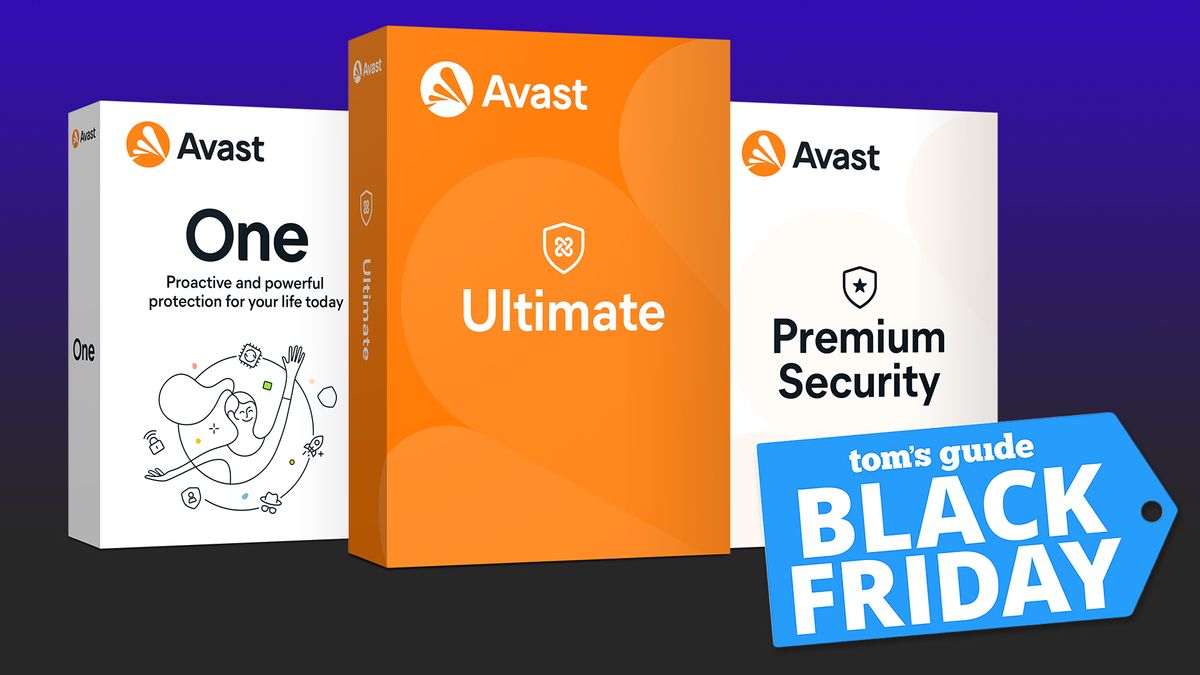 Avast box shots against blue background with Tom&#039;s Guide Black Friday badge overlaid.