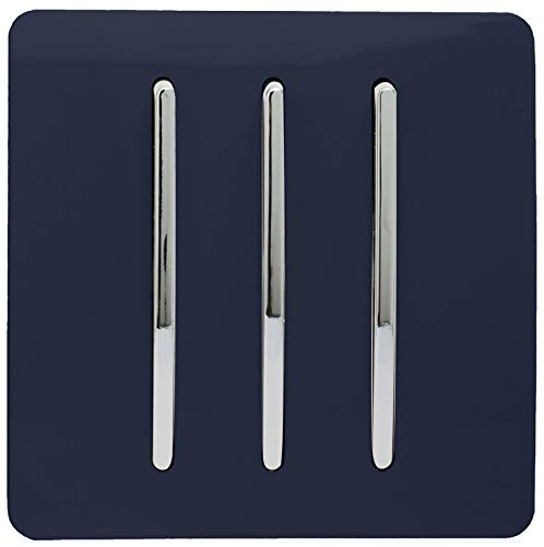 Trendi 3 Gang 2 Way 240v Screwless Raised Front Plate Plastic Artistic Modern Glossy 10 Amp Chrome Rocker Triple Electrical Wall Light Switch Navy Blue - Art-Ss6nv