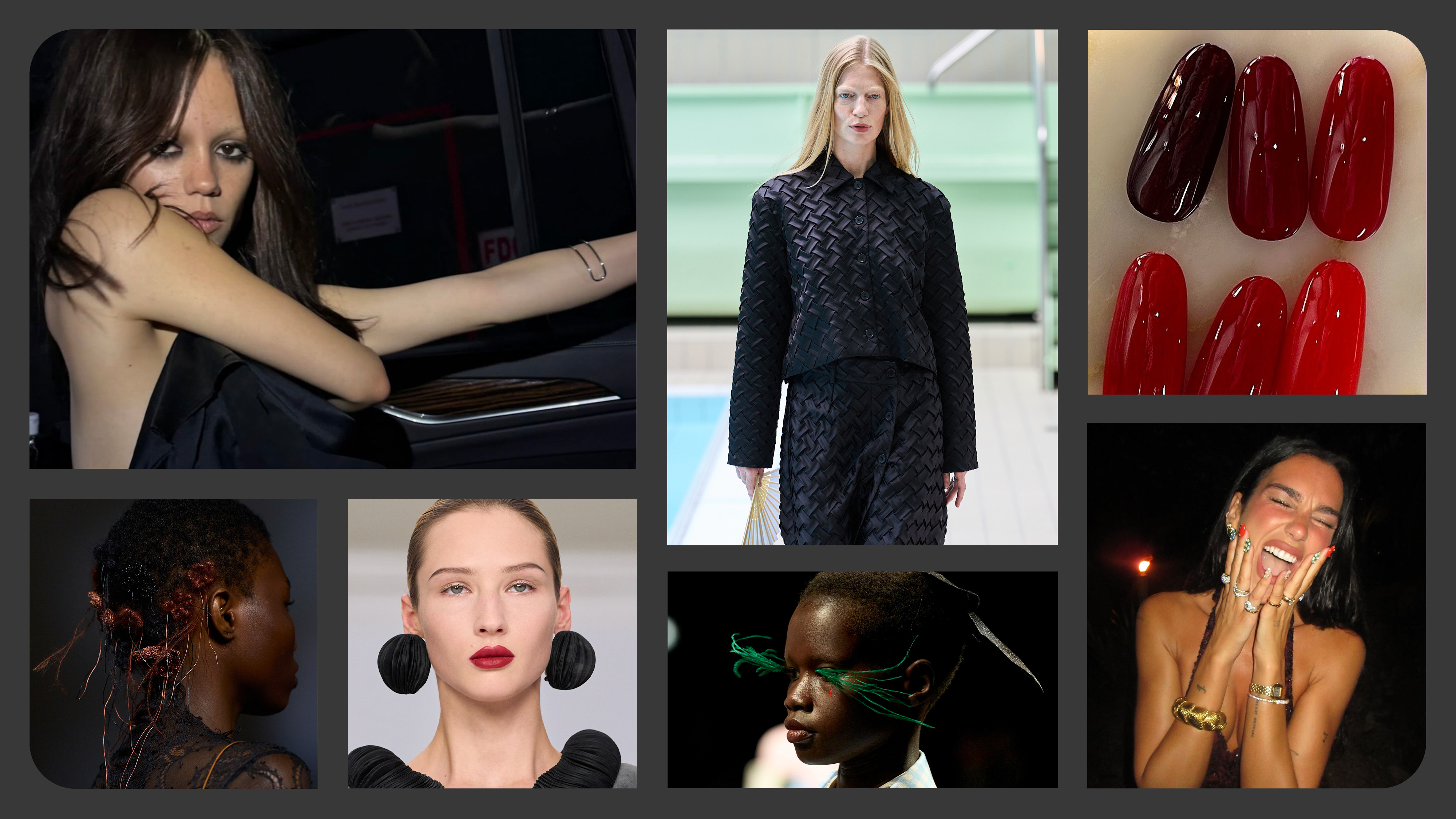 A collage of images from runways and Instagrams, including pictures of Jenna Ortega and Dua Lipa.