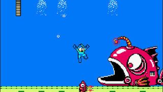 Best NES games: Mega Man jumping in front of a giant robot fish in the game Mega Man 2.