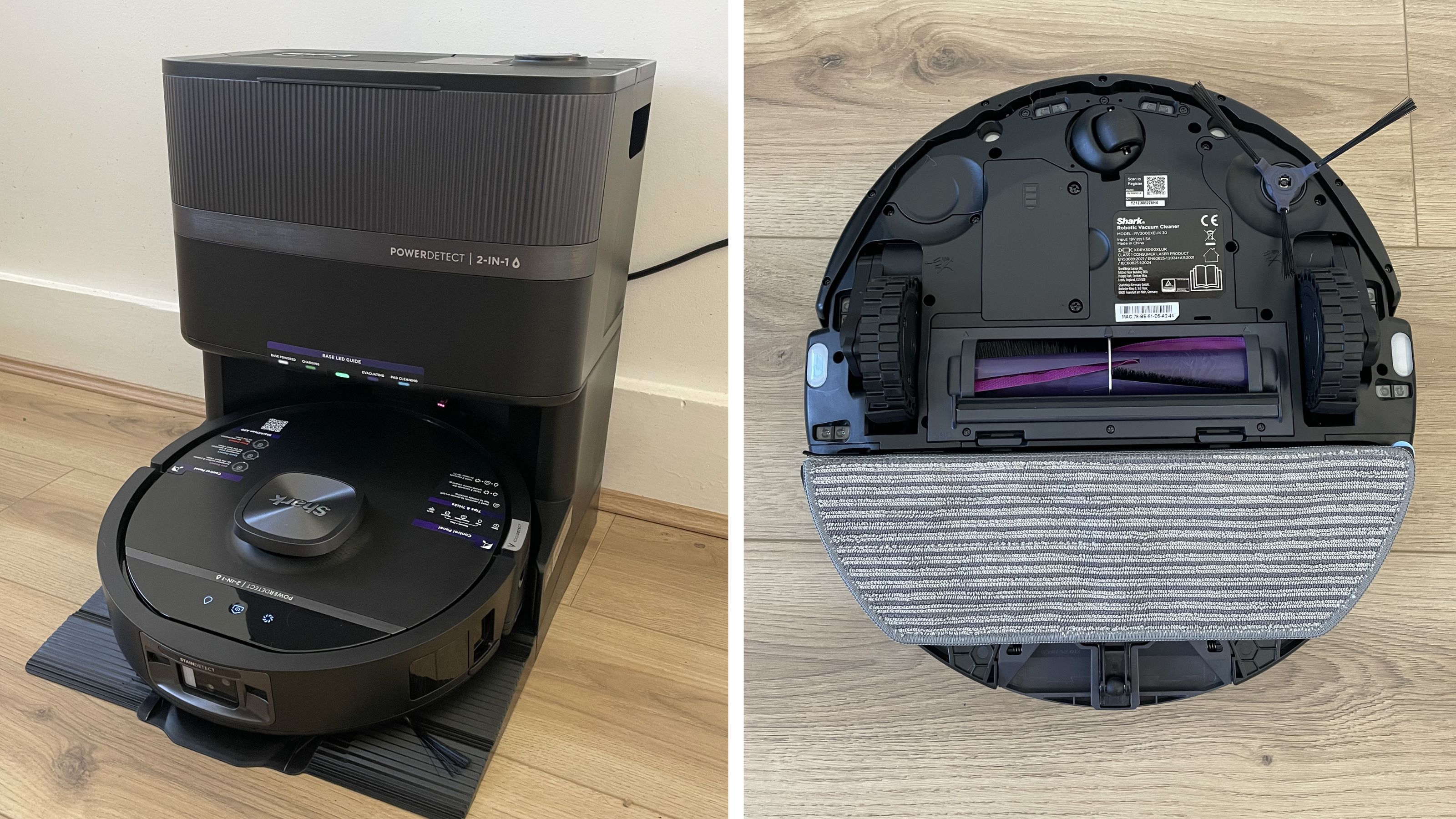 Side by side images of the Shark PowerDetect UV Reveal 2-in-1 Vac &amp; Mop Robot and dock, and the underside of the robot