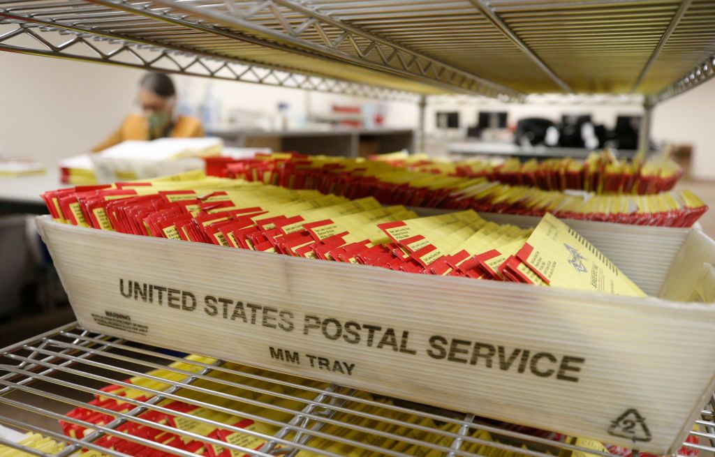 Mail-in ballots at a postal sorting facility.