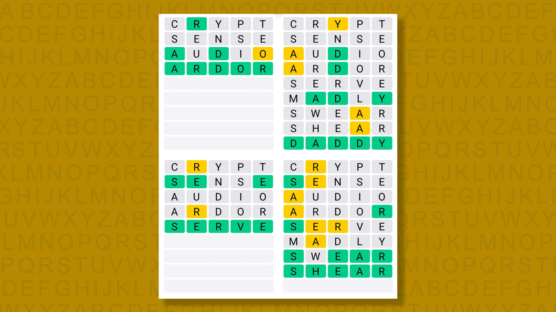Quordle answers for game 1611 on a yellow background