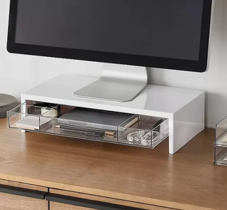 white monitor stand with drawer
