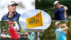 Four golfers in a montage and a 151st Open flag blowing in the wind overlayed