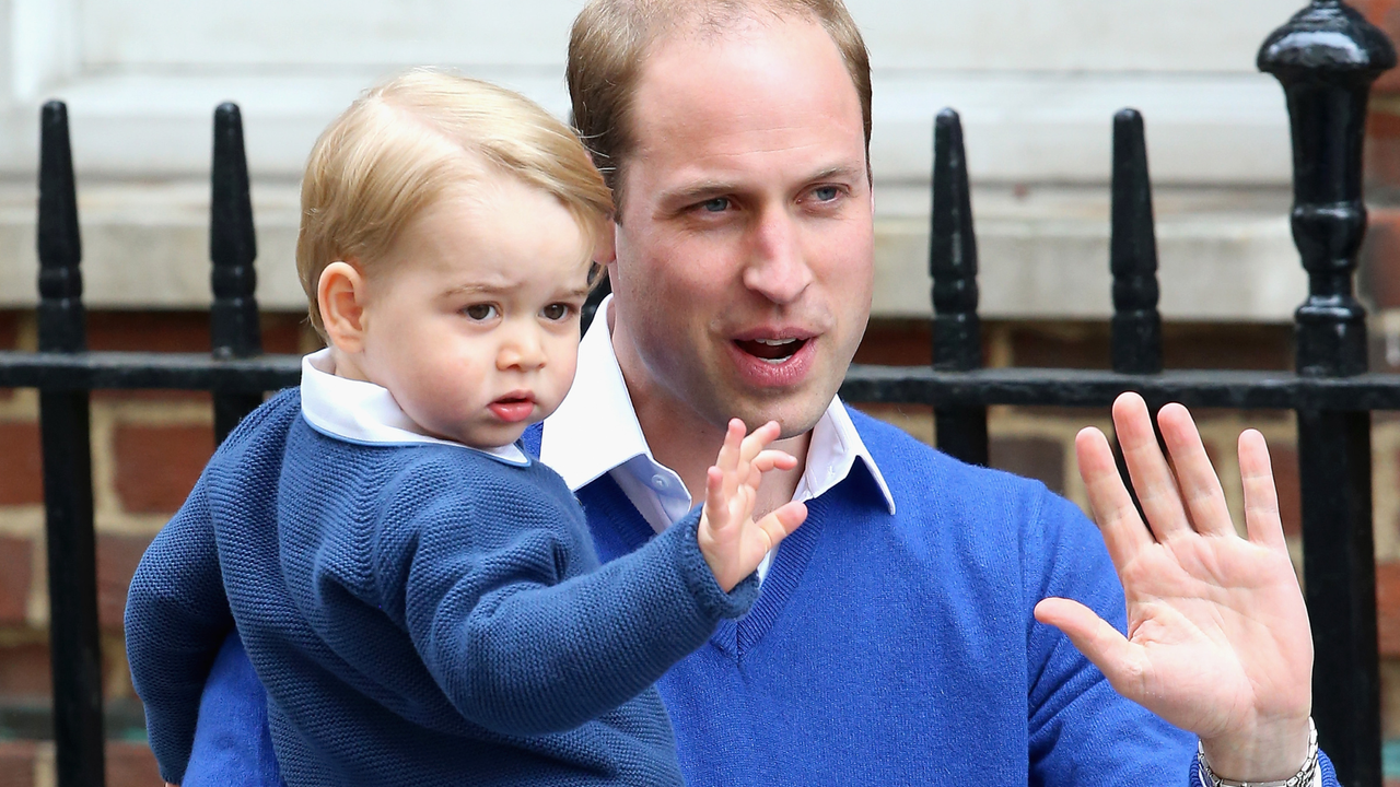 Prince William, Duke of Cambridge and Prince George of Cambridge arrive at the Lindo Wing after Catherine, Duchess of Cambridge gave birth to a baby girl at St Mary&#039;s Hospital on May 2, 2015 in London, England