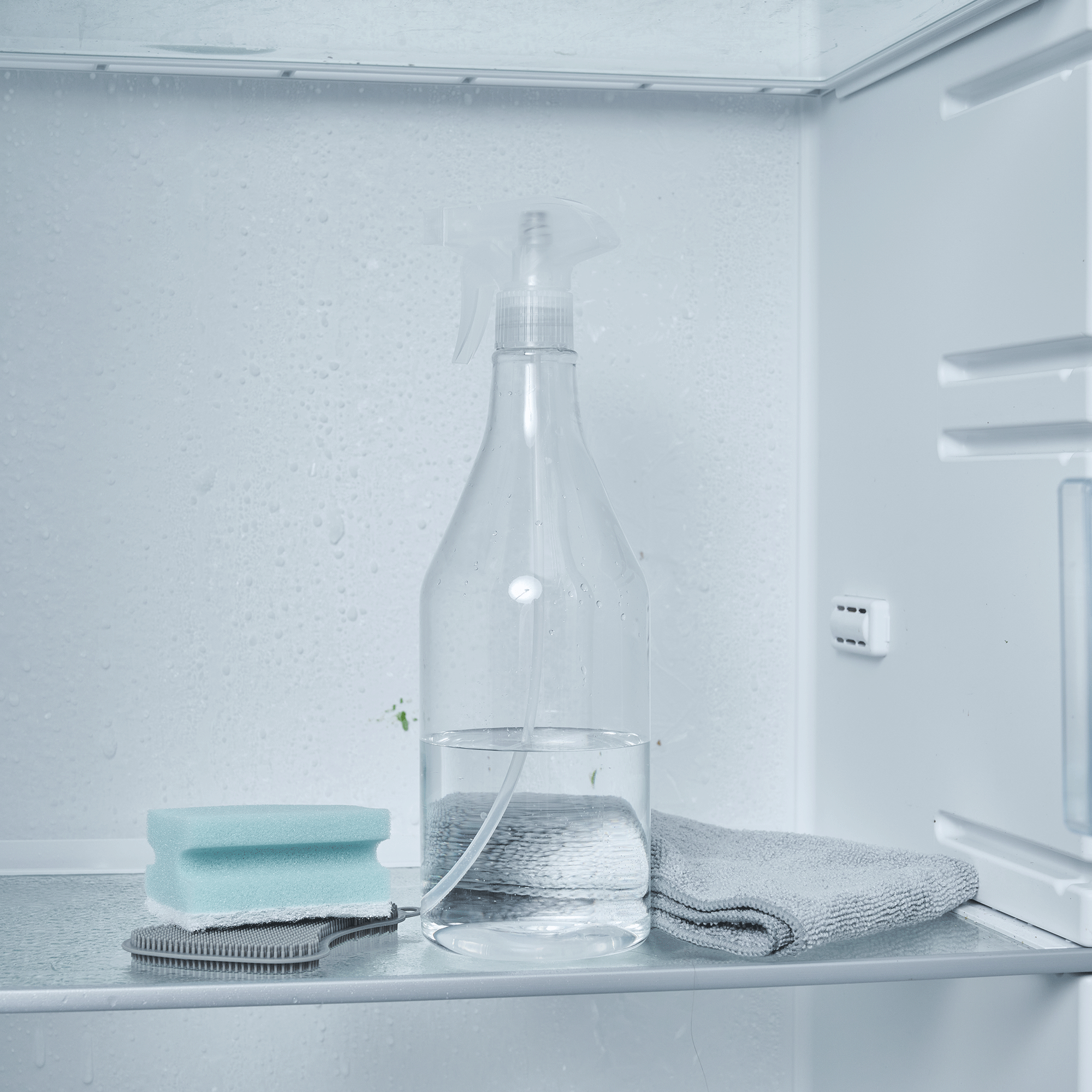 Open fridge with plastic spray bottle