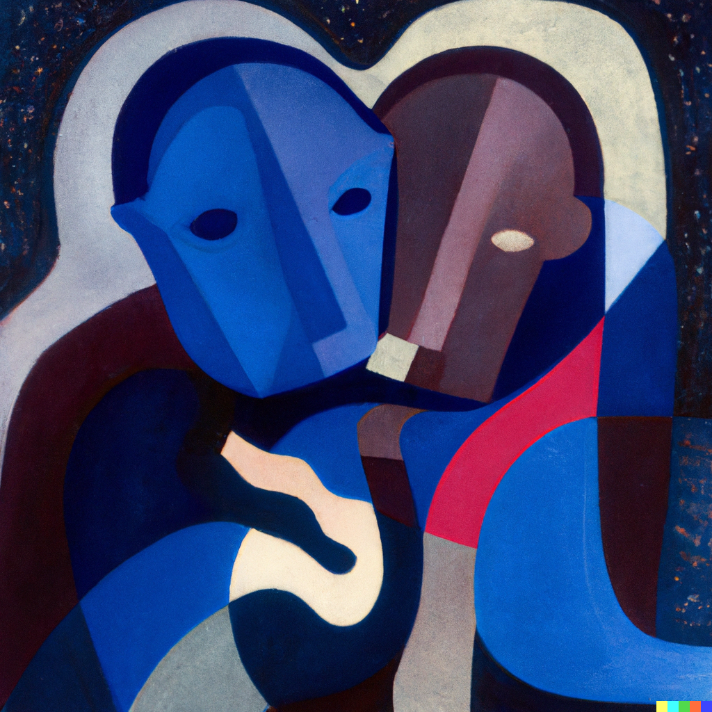 'Two lovers cuddling under the ocean,Cubist impression' via ChatGPT