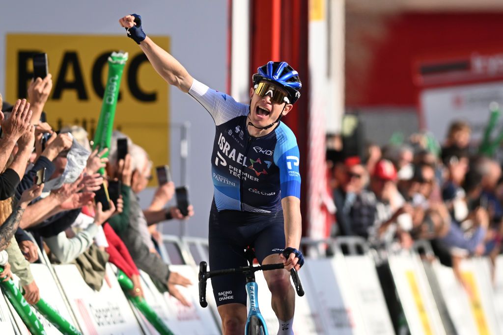 SANT FELIU DE GUIXOLS SPAIN MARCH 18 Nicholas Schultz of Australia and Team IsraelPremier Tech celebrates at finish line as stage winner during the 103rd Volta Ciclista a Catalunya 2024 Stage 1 a 1739km stage from Sant Feliu de Guixols to Sant Feliu de Guixols UCIWT on March 18 2024 in Sant Feliu de Guixols Spain Photo by David RamosGetty Images