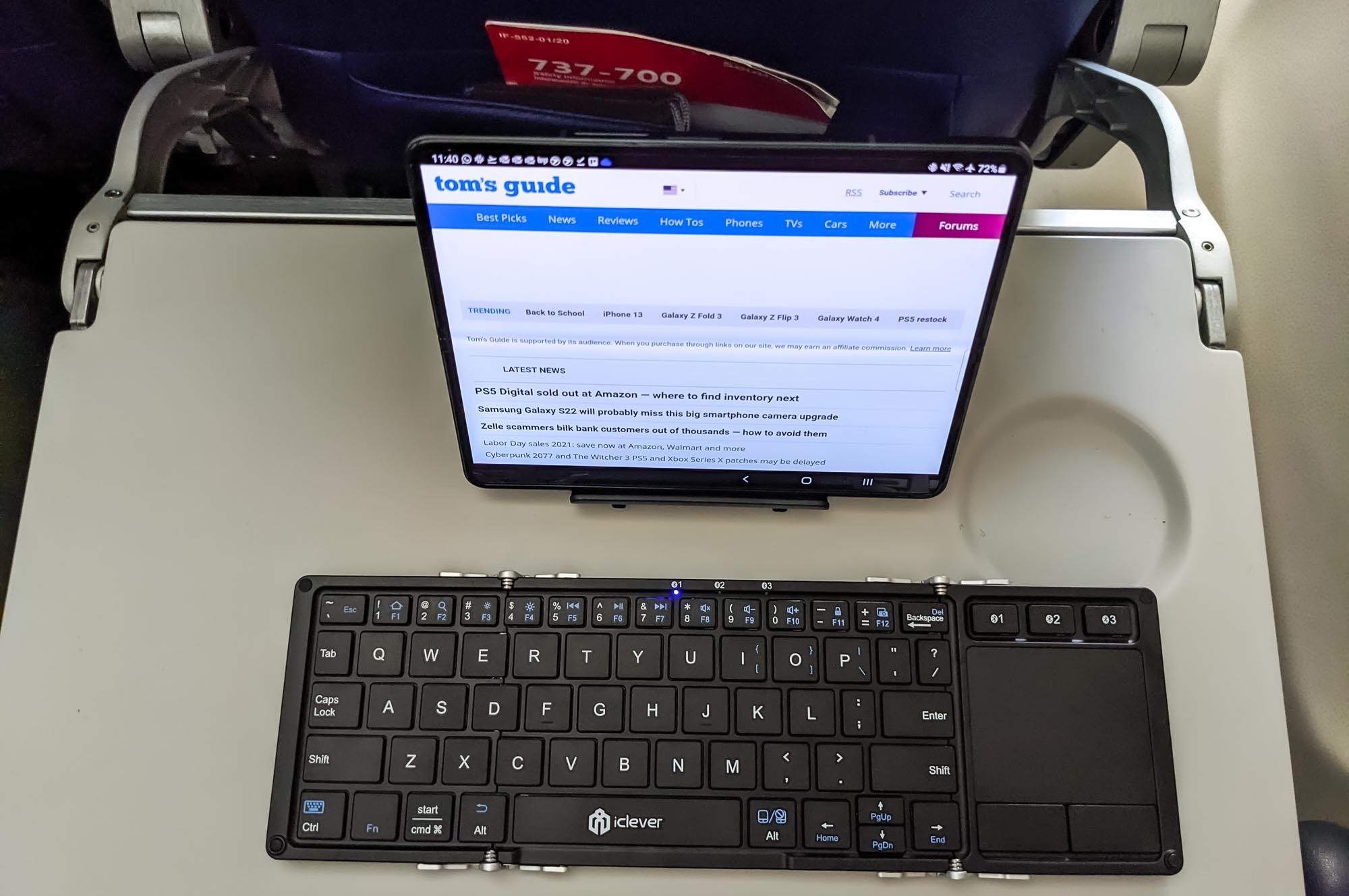 Samsung Galaxy Z Fold 3 being used a laptop with a Bluetooth keyboard.