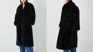model wearing John Lewis Faux Fur Cocoon Coat, Black