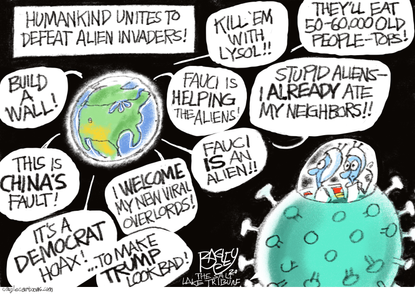 Editorial Cartoon U.S. coronavirus conspiracy theories aliens