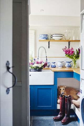 laundry room with blue cabinets and dog bed