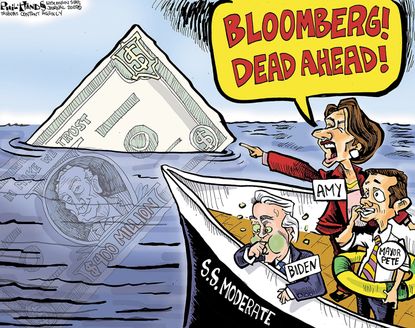 Political Cartoon U.S. Michael Bloomberg Joe Biden Amy Klobuchar moderates centrist dems boat money democratic race