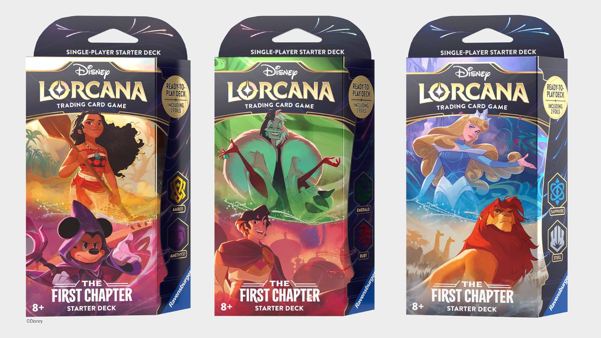 Disney Lorcana: The First Chapter starter decks on a plain background