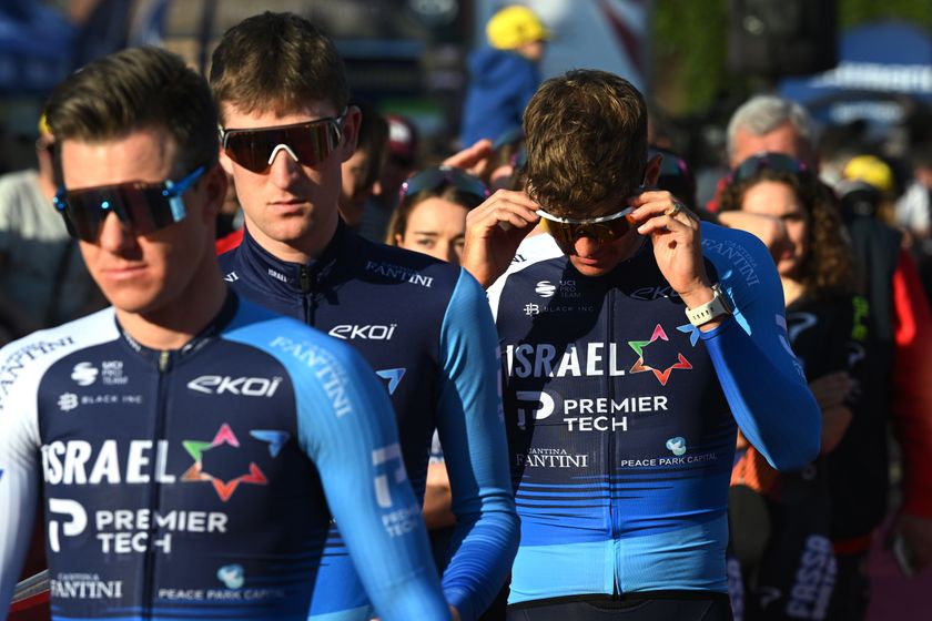 SIENA, ITALY - MARCH 07: Jakob Fuglsang of Denmark and Team Israel - Premier Tech during the team presentation prior to the 11th Strade Bianche Donne &amp; 19th Strade Bianche 2025 / #UCIWWT / #UCIWWT / on March 07, 2025 in Siena, Italy. (Photo by Dario Belingheri/Getty Images)