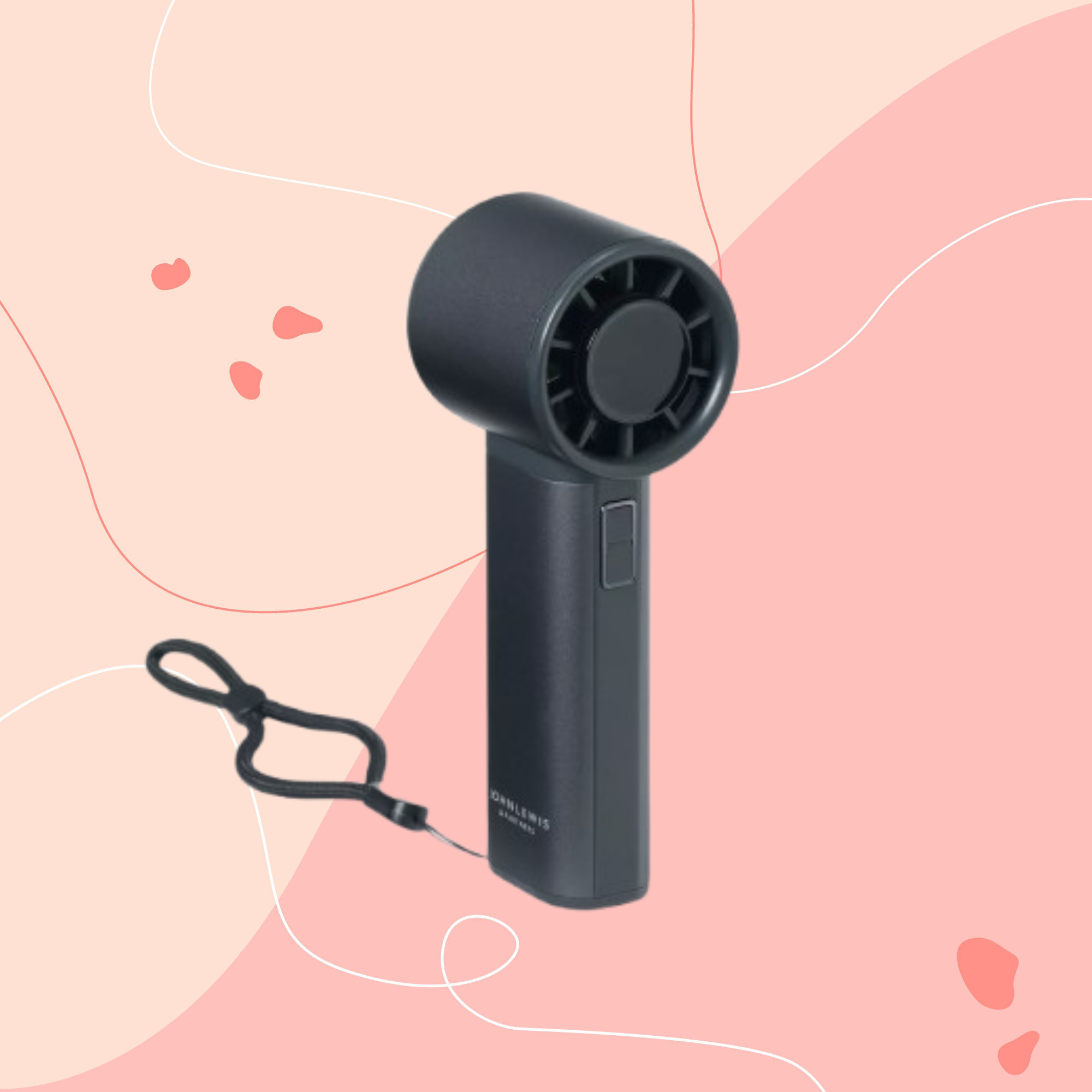 John Lewis handhelf fan in black on pink background.
