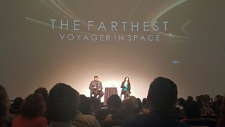 Neil deGrasse Tyson (left) and Carolyn Porco, a planetary scientist who worked on NASA's Voyager missions, discuss the new PBS documentary "The Farthest" at the American Museum of Natural History on Aug. 9, 2017.
