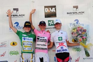 The final jerseys: Mara Abbott (mountains), Claudia Hausler (overall) and Lizzy Armistead (best young rider)