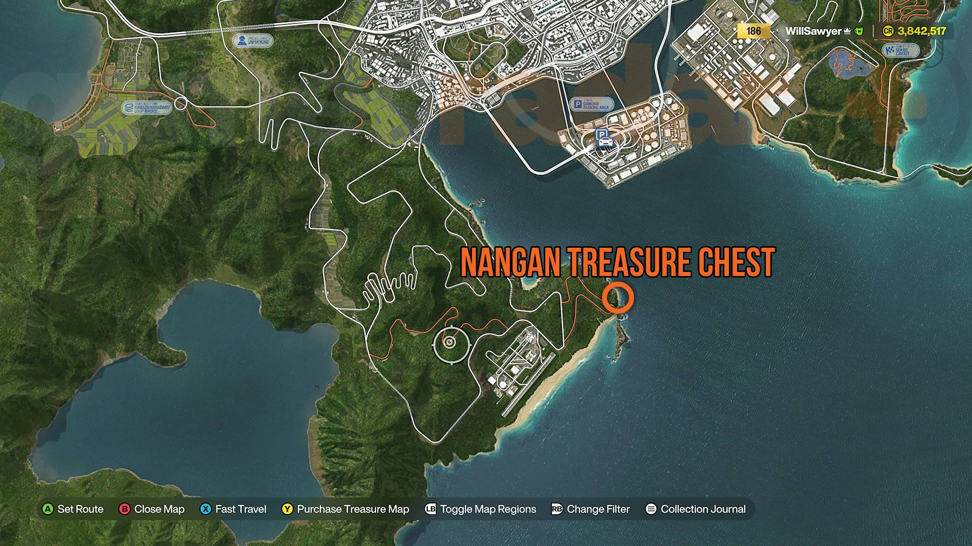 Forza Horizon 6 map of the Nangan region showing where the treasure hunt chest is on a beach