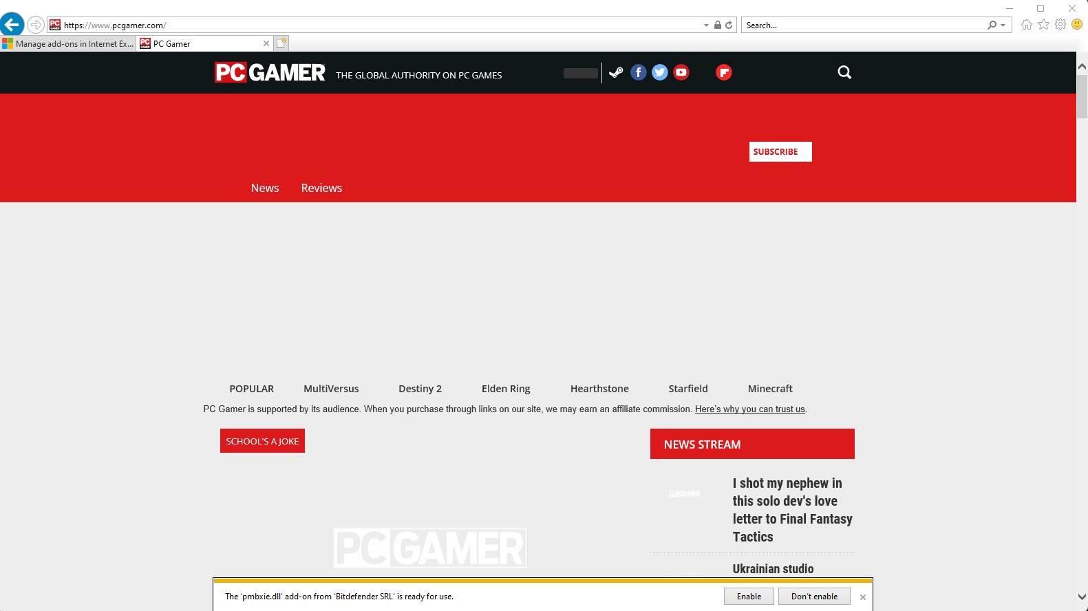 PC Gamer's home page on 8/4/22, lacking images and functionality through internet explorer