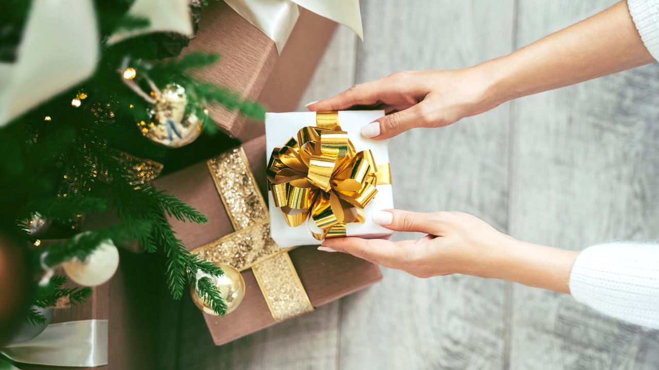 A woman holds a Christmas gift under a tree