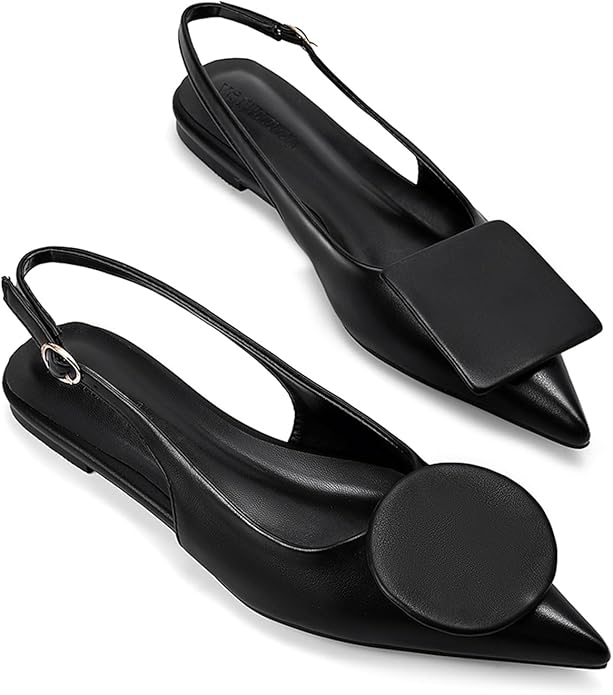 Vertundy, Black Pointed-Toe Flats W /Geometric Shapes. 