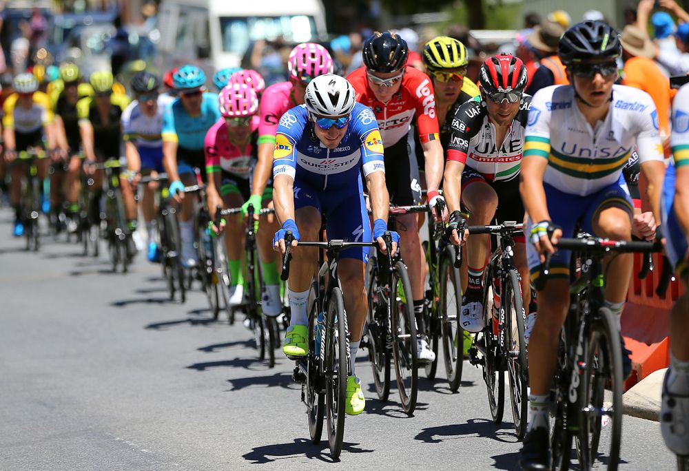 Elia Viviani bides his time in the bunch during stage 1 at the Tour Down Under