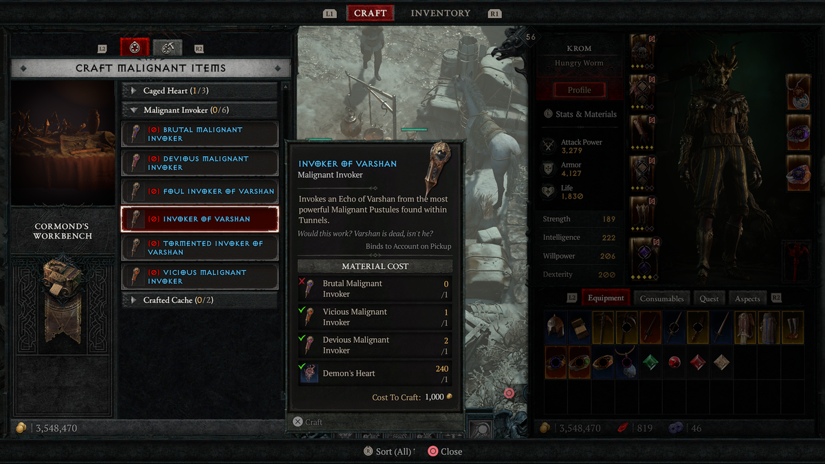 Diablo 4 Invoker of Varshan in crafting menu