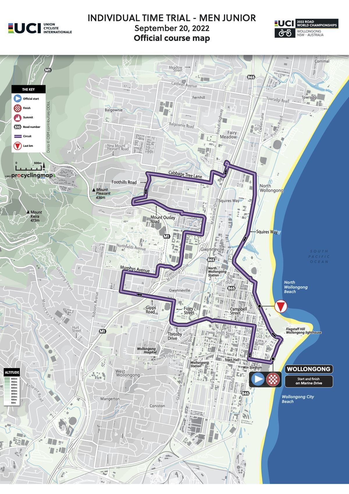 Time trial course map for the UCI 2022 Road World Championships Wollongong