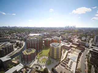 Regent's view render showing a series of five new round residential towers within reused gasholders against london cityscape