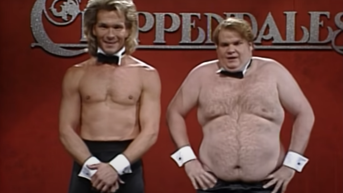 Chris Farley and Patrick Swayze in &quot;Chippendales&quot; skit on SNL screenshot