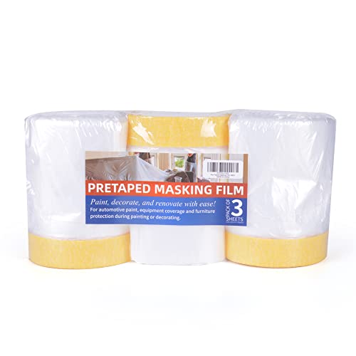 Tapebear Pre-Taped Masking Film, Tape and Drape, Plastic Dust Sheeting Roll, Self-Adhesive Painters Masking Tape Cover, for Appliance and Furniture, Dust-Proof, 22inch X 30yard, 3rolls