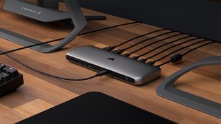 Corsair TBT200, best dock for MacBook Pro, plugged in on wooden desk