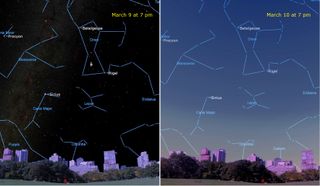 side by side images show the difference an hour can make to the view of the night sky,