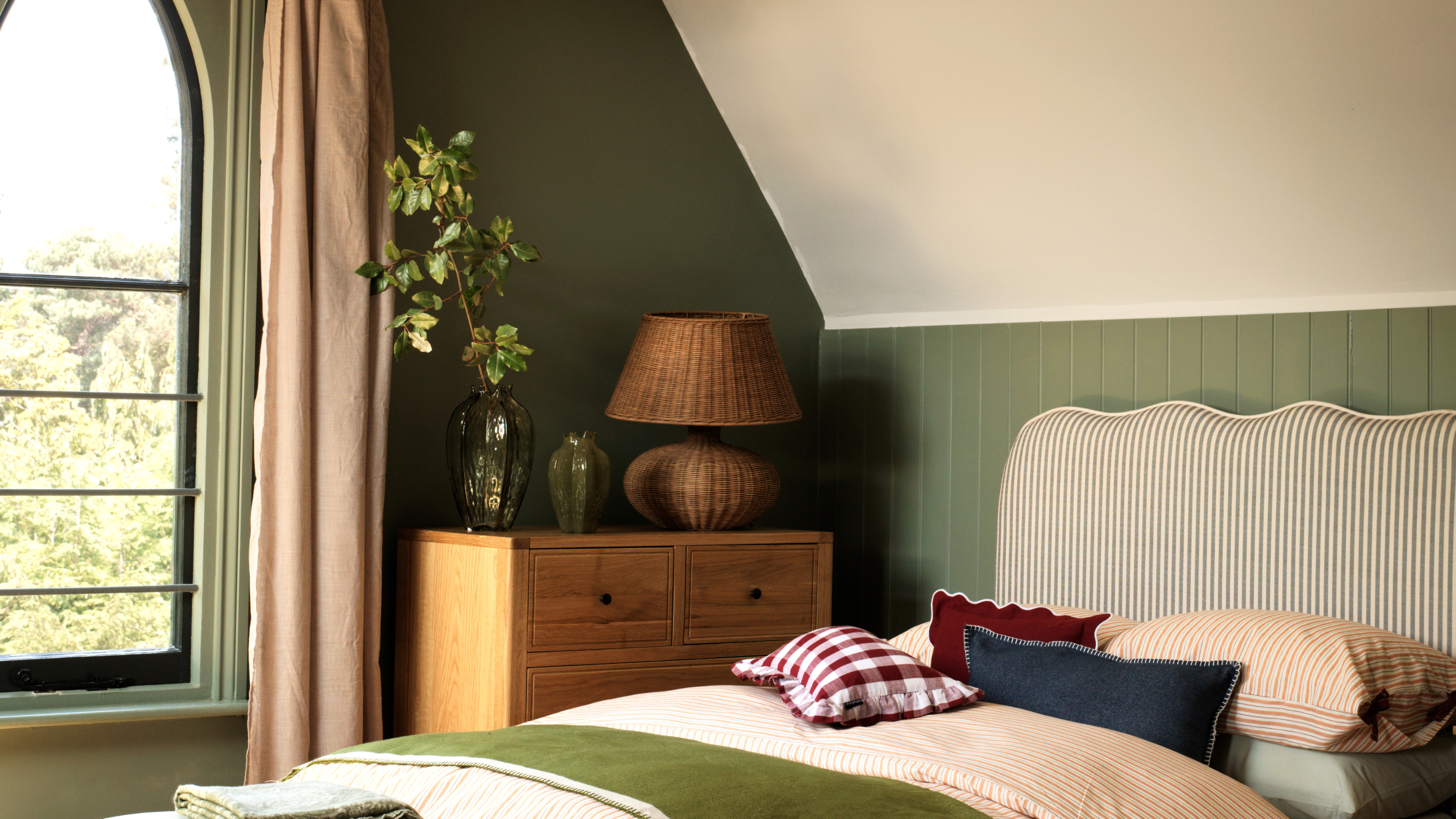 Habitat XL Wicker Table Lamp in a green farmhouse style bedroom.