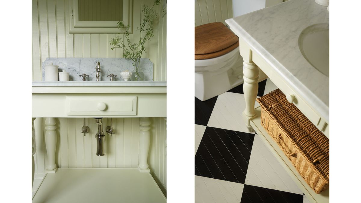DIYer upcycles old kitchen table into marble-top bathroom vanity, on a budget