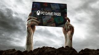 Zombie hands rising from the grave holding the PC Game Pass logo