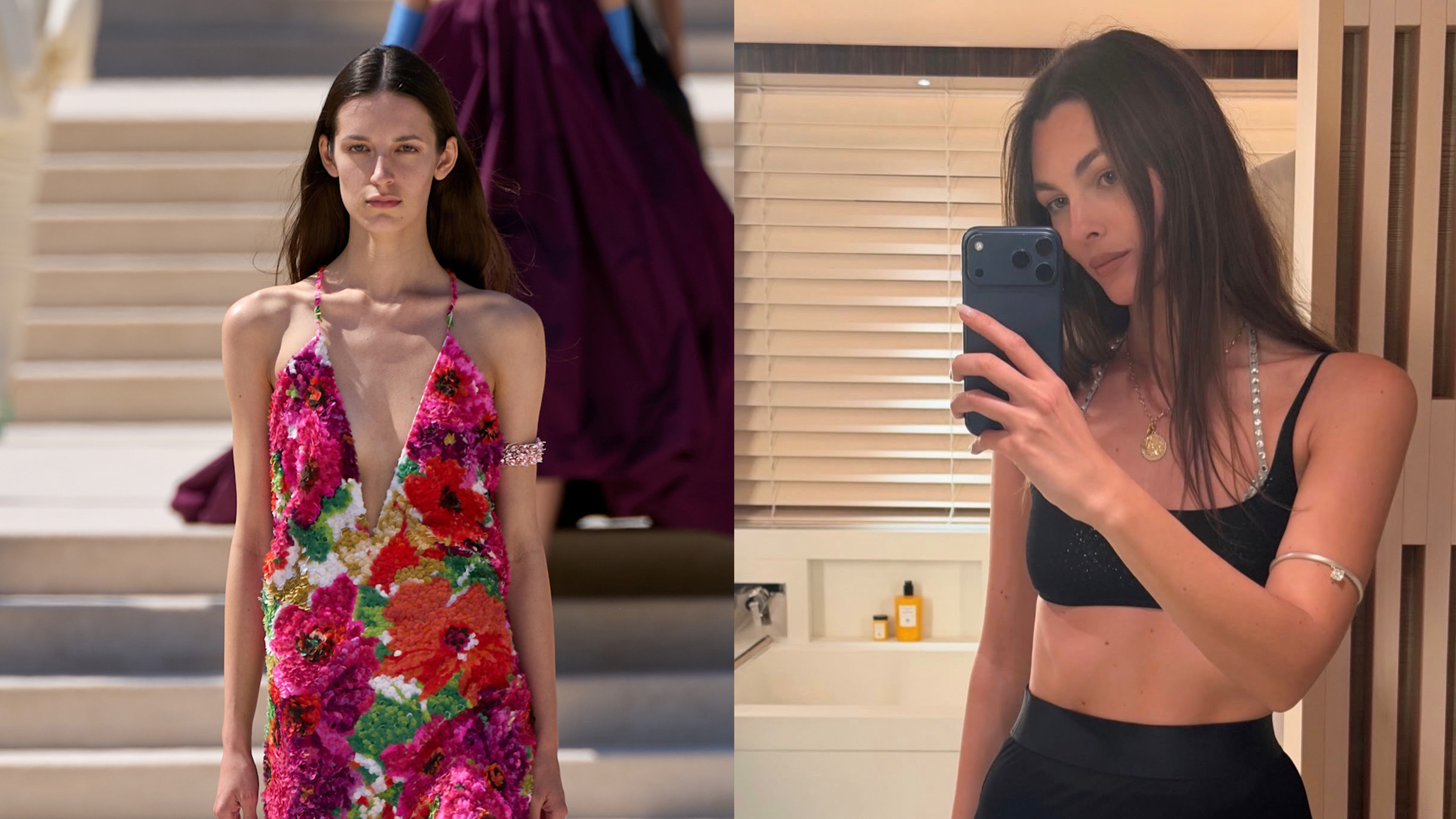 A Balenciaga couture model and Vittoria Ceretti both wearing the arm cuff jewelry trend.