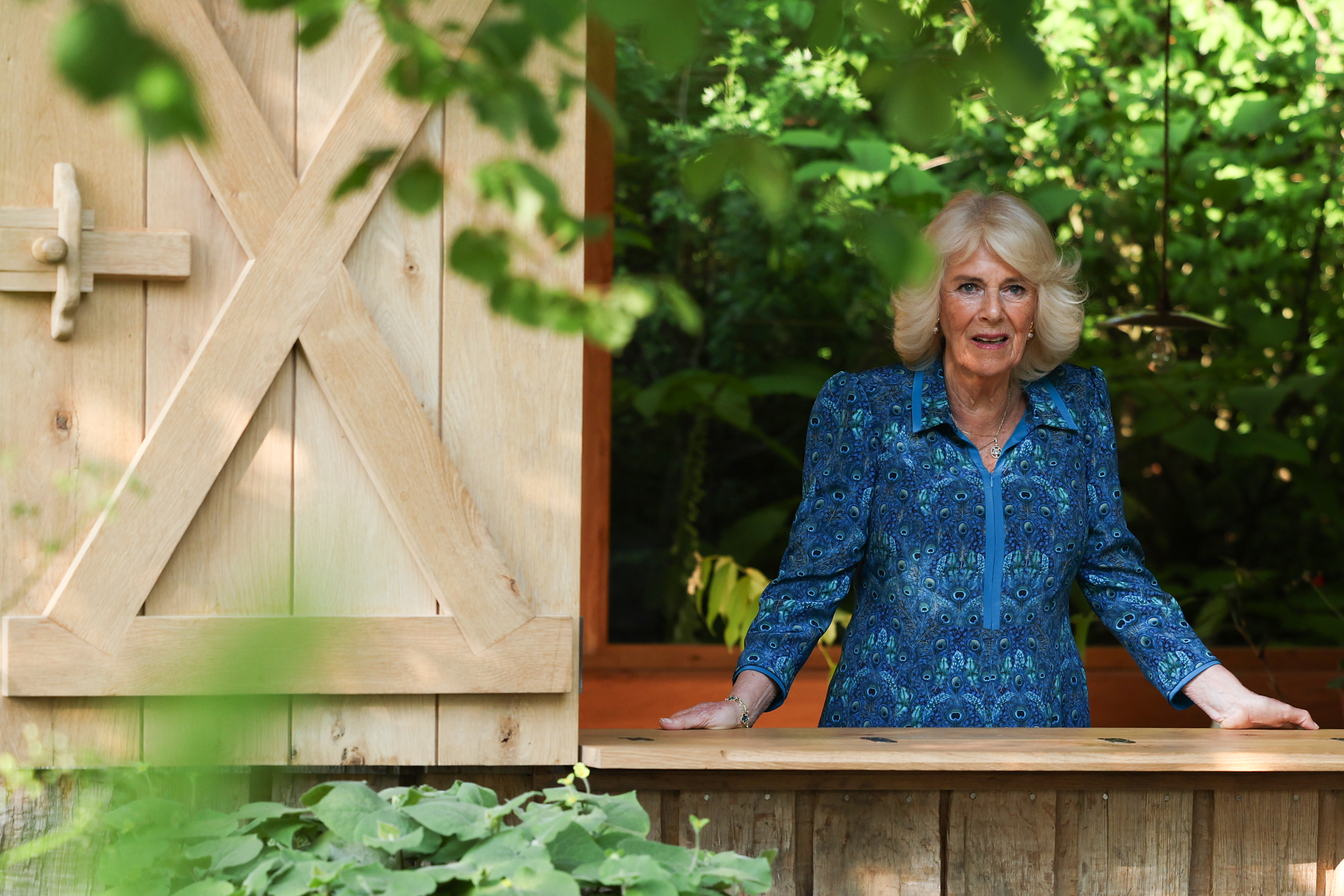 Queen Camilla looking out a window at the Chelsea Flower Show