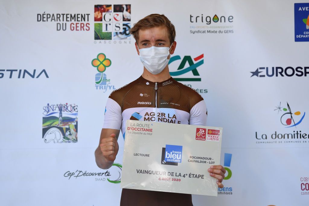 ROCAMADOUR FRANCE AUGUST 04 Podium Benoit Cosnefroy of France and Team Ag2R La Mondiale Celebration Trophy during the 44th La Route dOccitanie La Depeche du Midi 2020 Stage 4 a 195km stage from Lectoure to RocamadourCauvaldorLot 295m RouteOccitanie RDO2020 on August 04 2020 in Rocamadour France Photo by Justin SetterfieldGetty Images